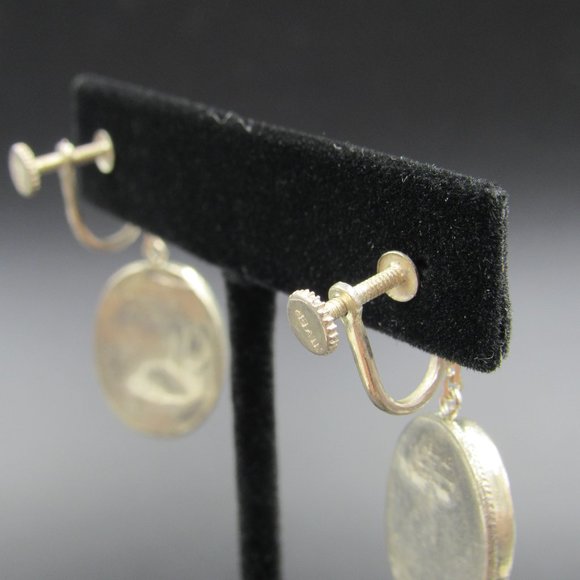 Sterling Silver Asian Character Shell Screw On Earrings Vintage - Picture 4 of 8